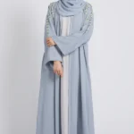 Premium Textured Enchanted Garden Embellished Open Abaya - Powder Blue