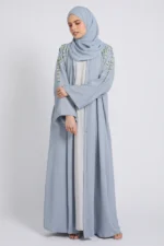 Premium Textured Enchanted Garden Embellished Open Abaya - Powder Blue