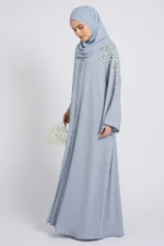 Premium Textured Enchanted Garden Embellished Open Abaya - Powder Blue - Image 3