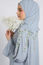 Premium Textured Enchanted Garden Embellished Open Abaya - Powder Blue - Image 2