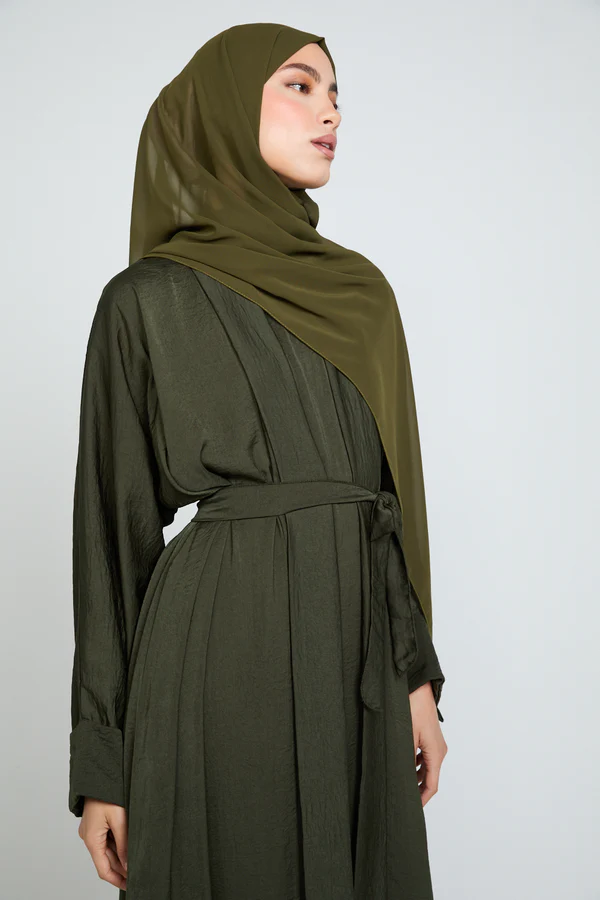 AB_16_05 Four Piece Soft Sheen Open Abaya Set - Khaki - Image 1