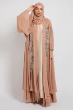 Luxury Moonblush Embellished Chiffon Layered Open Abaya - Image 2