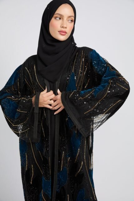 Luxury Midnight Aurora Three Piece Abaya Set – Teal - LIMITED EDITION